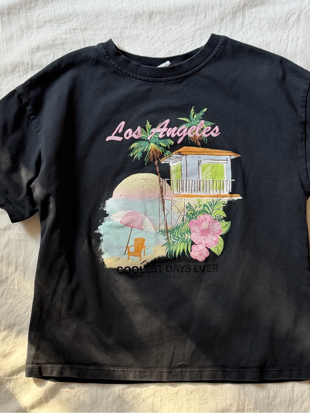 ZARA Kids 8-9Y Los Angeles California Beach Graphic T-Shirt Black